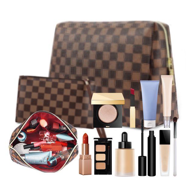 Checkered Makeup Bag;  BAGMIND 2Pcs Travel Cosmetic Bags;  Portable Toiletry Organizer for Women;  Lightweight and Waterproof Leather Toiletries Bag for Girl Friend Wife Christmas Gifts;  Brown