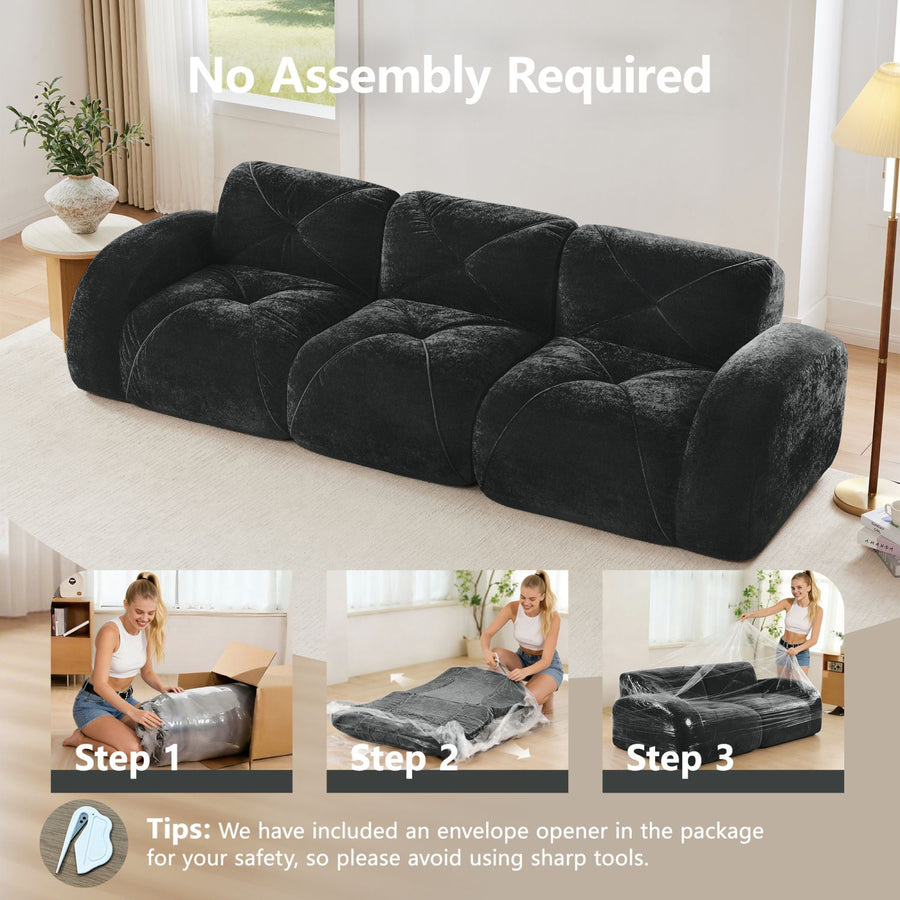 110''Boneless Sofa With Tufted,Soft Velvet Fabric,Modular Sectional Sofa Couches,32D High Density Sponge,Anti-Slip Design,Ergonomic Design Bottom,No Assembly Required,For Study,Home Theater,Black