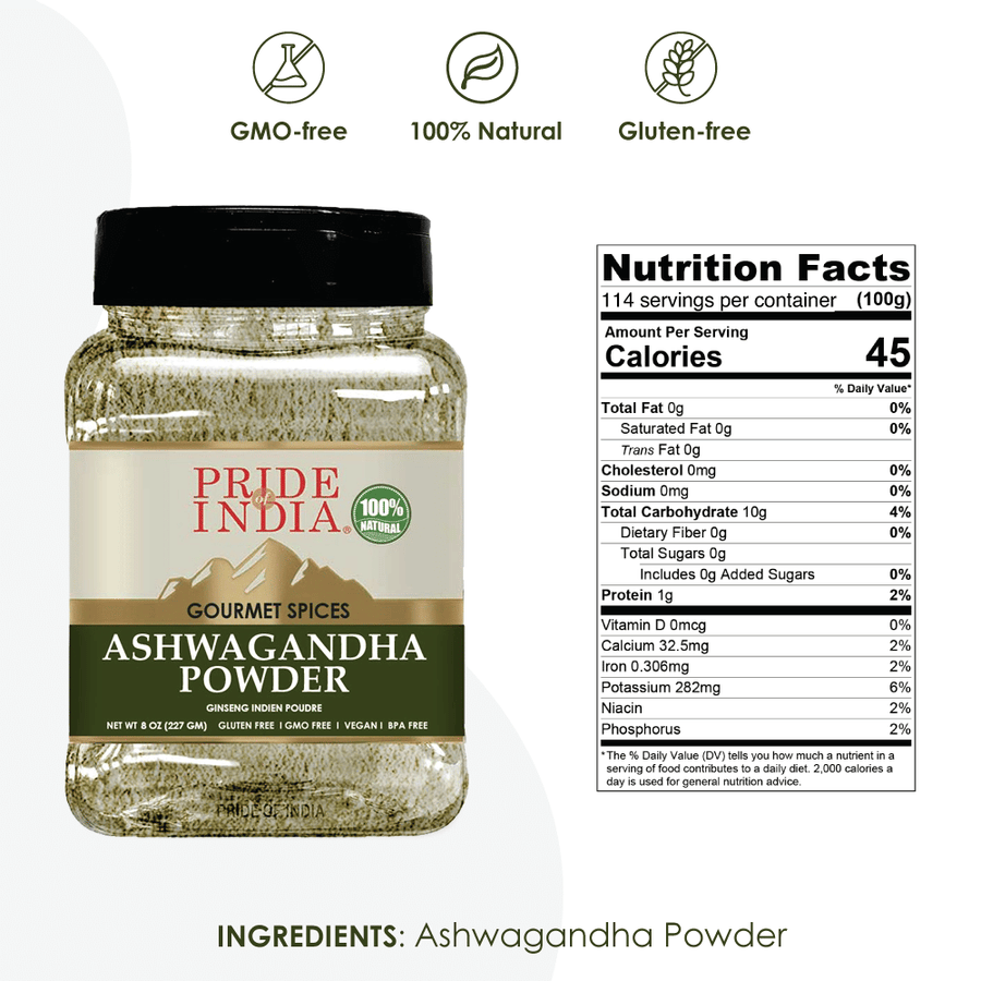 Pride of India – Natural Ashwagandha Root Ground – Health Benefits – Good for Energy Level/Body Functions – No Gluten/ Additives – Easy To Store – 8 oz. Medium Dual Sifter Jar